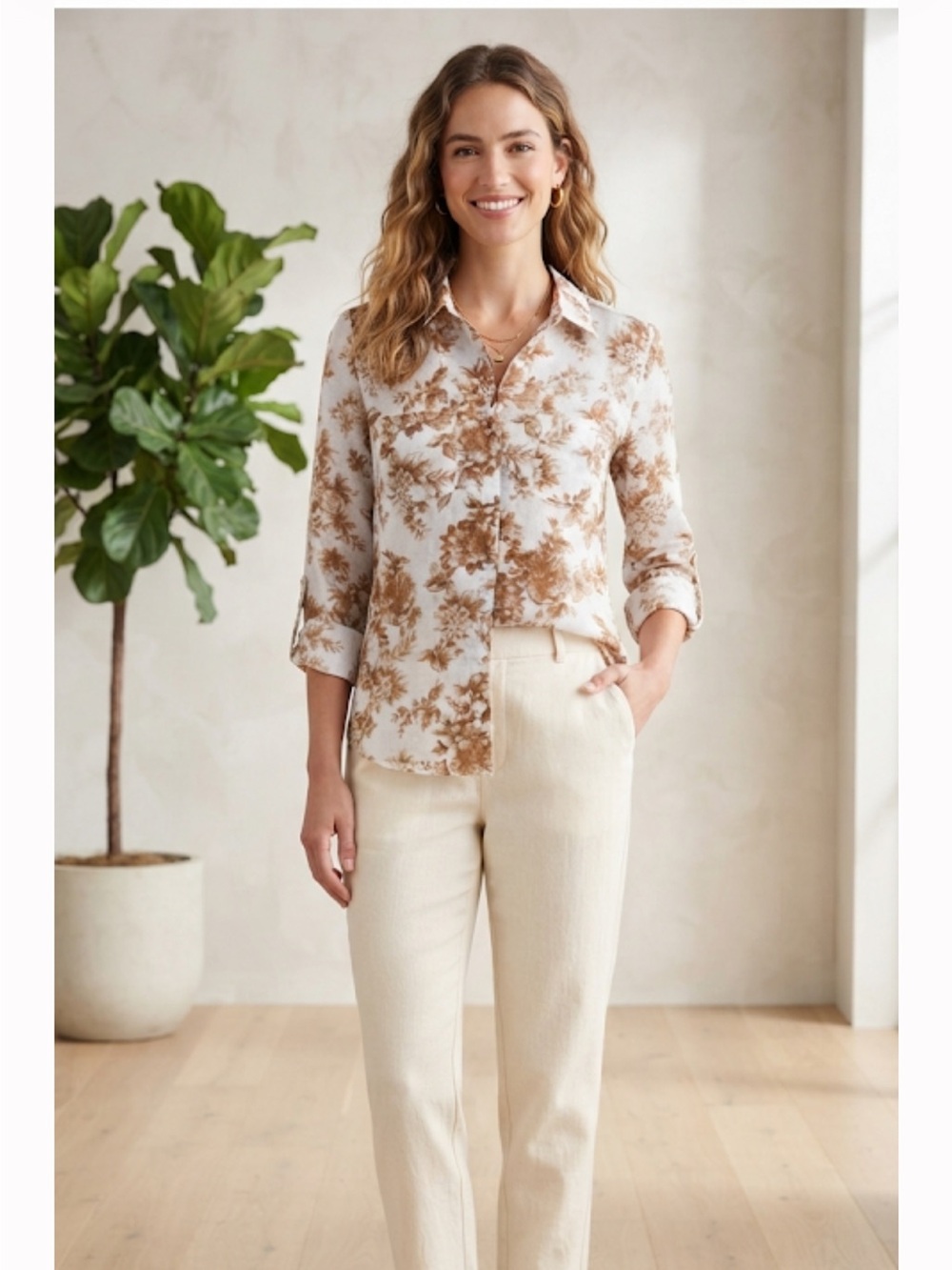Charter Club  Luxury Linnen 100% Brown Floral Button-Down Shirt